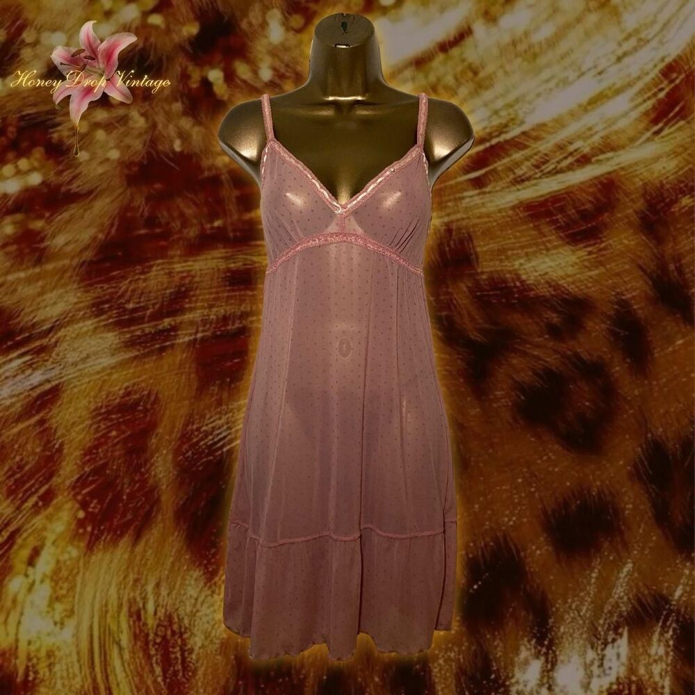Donna Loren Pink Sheer Polka Dot Mesh Slip Dress w/ Lace Trim